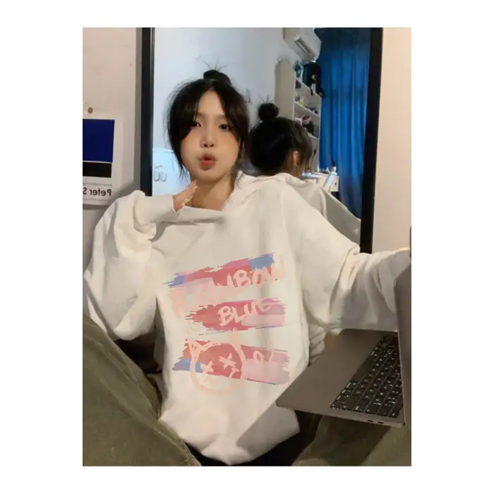 Letter Graphic Drop Shoulder Oversized Hoodie Beyaz