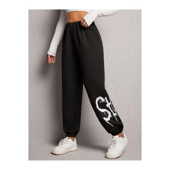 Letter Graphic Elastic Waist 4 Mevsim Eşofman