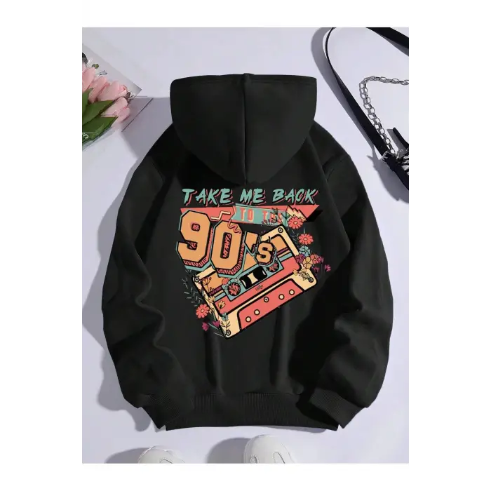 Letter Graphic Kangaroo Pocket Drawstring Lined Hoodie Siyah