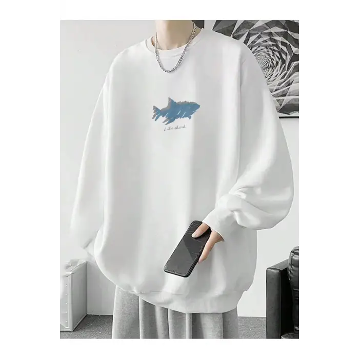 Letter & Shark Print Drop Shoulder Pullover Beyaz