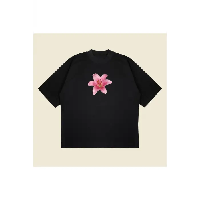 Lillium Baskılı Oversize Unisex Pamuklu Nefes Alan Kalın Kumaşlı