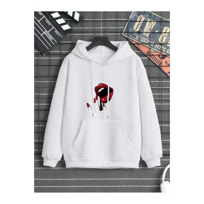 Lip Print Kangaroo Pocket Drawstring Hoodie Beyaz