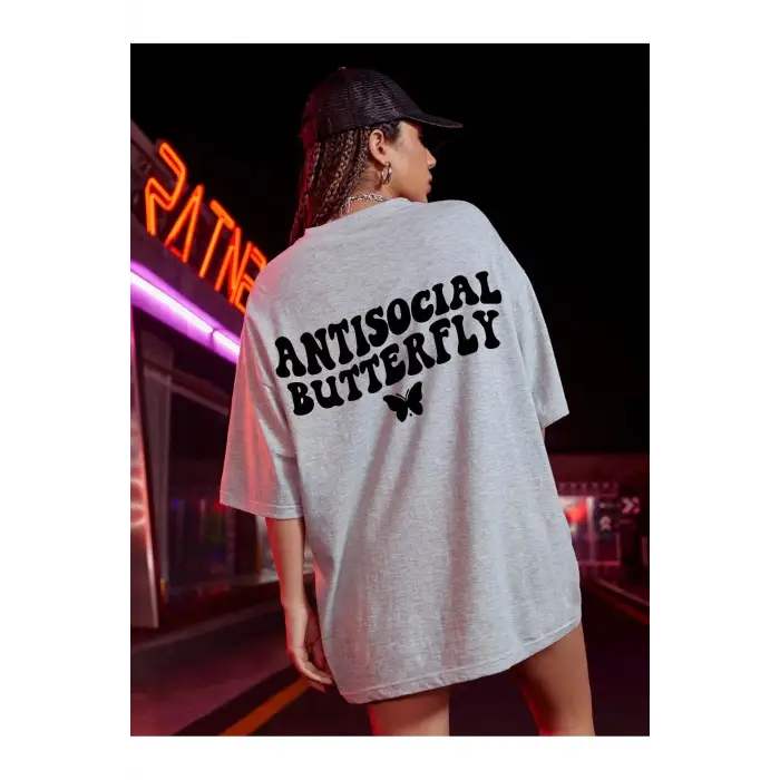 Logo Baskılı Gri Tişört Antisocial Butterfly
