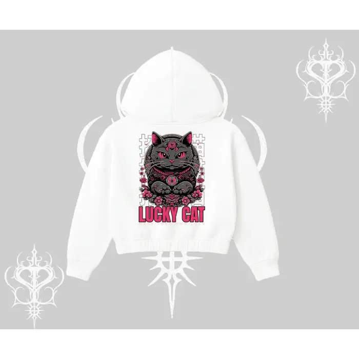 Lucky Cat Japon Tarzı Kedi Baskılı Kapşonlu Crop Sweatshirt