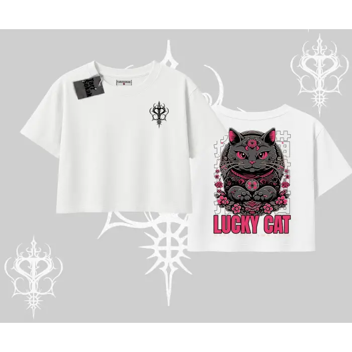 Lucky Cat Japon Tarzı Kedi Baskılı Oversize Crop Tshirt