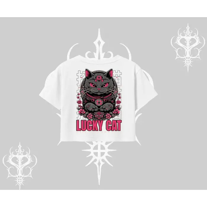 Lucky Cat Japon Tarzı Kedi Baskılı Oversize Crop Tshirt
