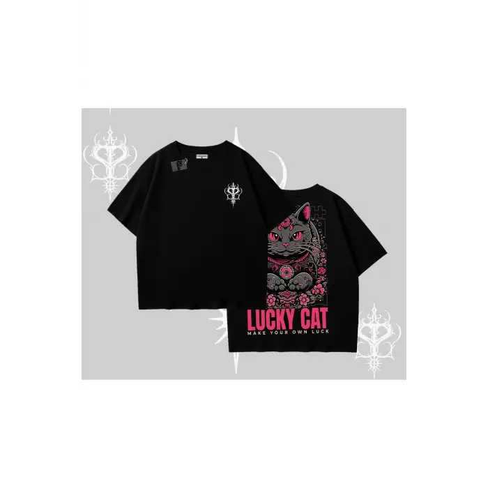 Lucky Cat Japon Tarzı Kedi Baskılı Oversize Tshirt