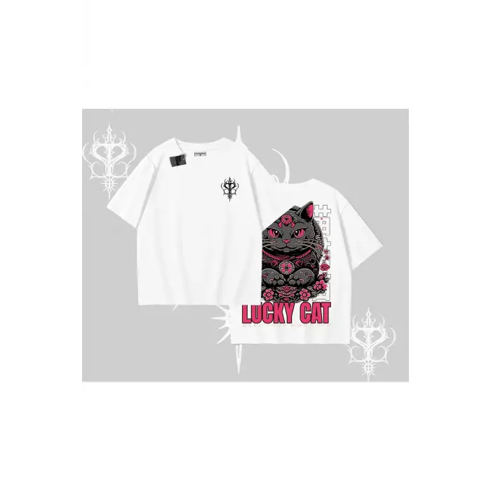 Lucky Cat Japon Tarzı Kedi Baskılı Oversize Tshirt