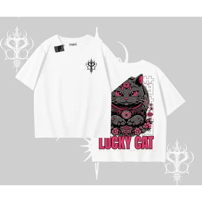 Lucky Cat Japon Tarzı Kedi Baskılı Oversize Tshirt