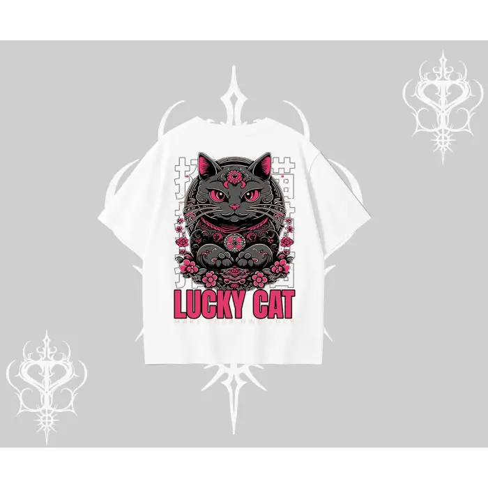 Lucky Cat Japon Tarzı Kedi Baskılı Oversize Tshirt