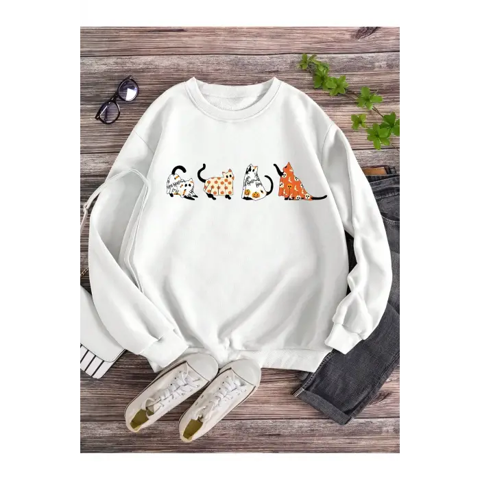 LUNE Cartoon Cat Print Lined Sweatshirt Beyaz