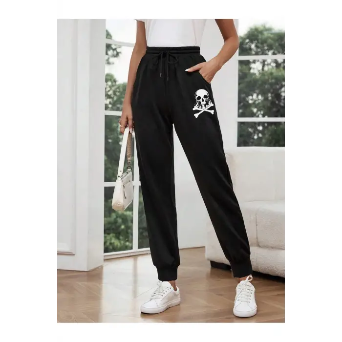 LUNE Halloween Skull Print Drawstring Waist 4 Mevsim Eşofman