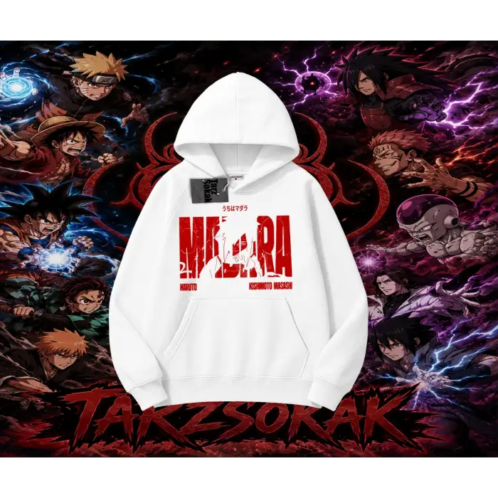 Madara Uchiha Naruto Anime Karakteri Oversize Unisex Kapşonlu Sweatshirt Beyaz
