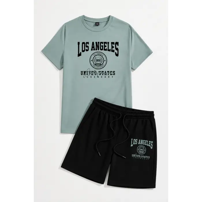 Manfinity Chillmode Erkek Rahat Üniversite Stili Tipografi Tişört ve Şort Takımı