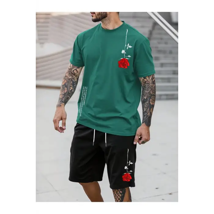 Manfinity Homme 2 Adet/Takım Erkek Çiçek Desenli Tişört Ve Şort Takımı