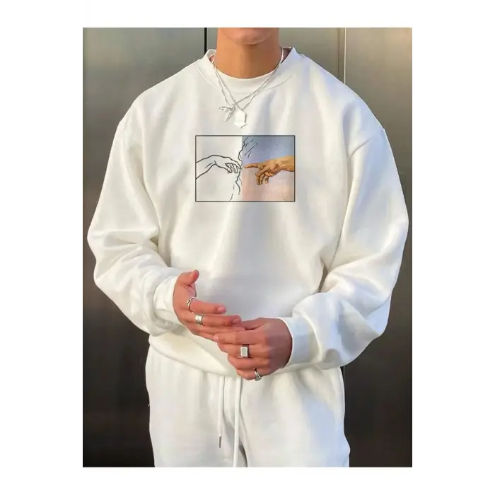 Manfinity Homme Hand Print Drop Shoulder Sweatshirt Beyaz