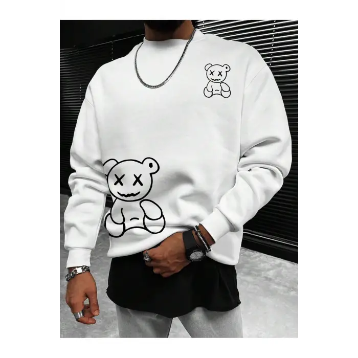 Manfinity Hypemode Bear Print Drop Shoulder Sweatshirt Beyaz