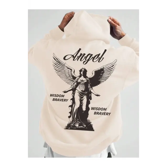 Manfinity Hypemode Letter & Figure Graphic Kangaroo Pocket Drawstring Hoodie Bej