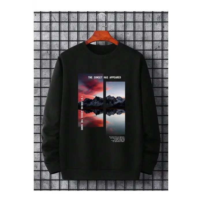 Manfinity Hypemode Mountain & Slogan Graphic Sweatshirt Siyah