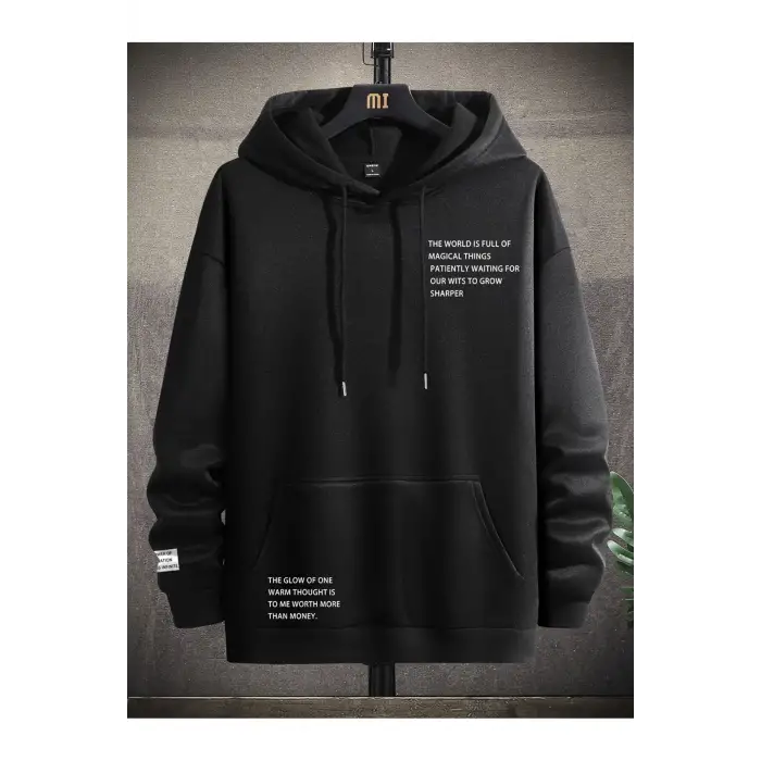 Manfinity Hypemode Slogan Graphic Kangaroo Pocket Drawstring Hoodie Siyah