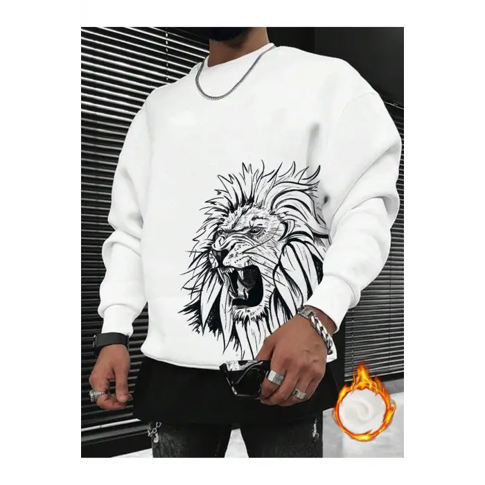 Manfinity LEGND Lion Print Lined Sweatshirt Beyaz