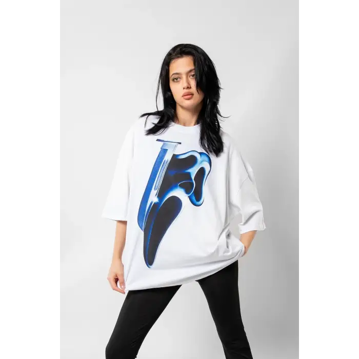 Mask Baskılı Beyaz Unisex Oversize