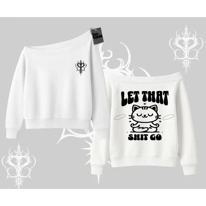 Meditasyon Yapan Kedi Baskılı Kayık Yaka Sweatshirt