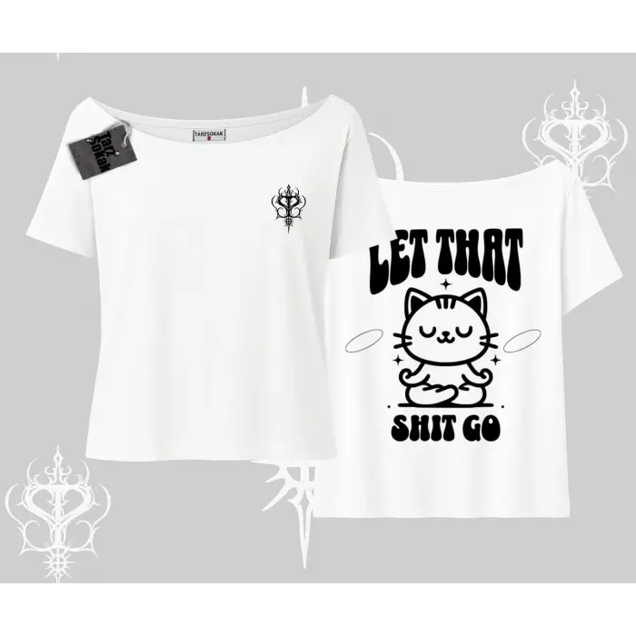 Meditasyon Yapan Kedi Baskılı Kayık Yaka Tshirt