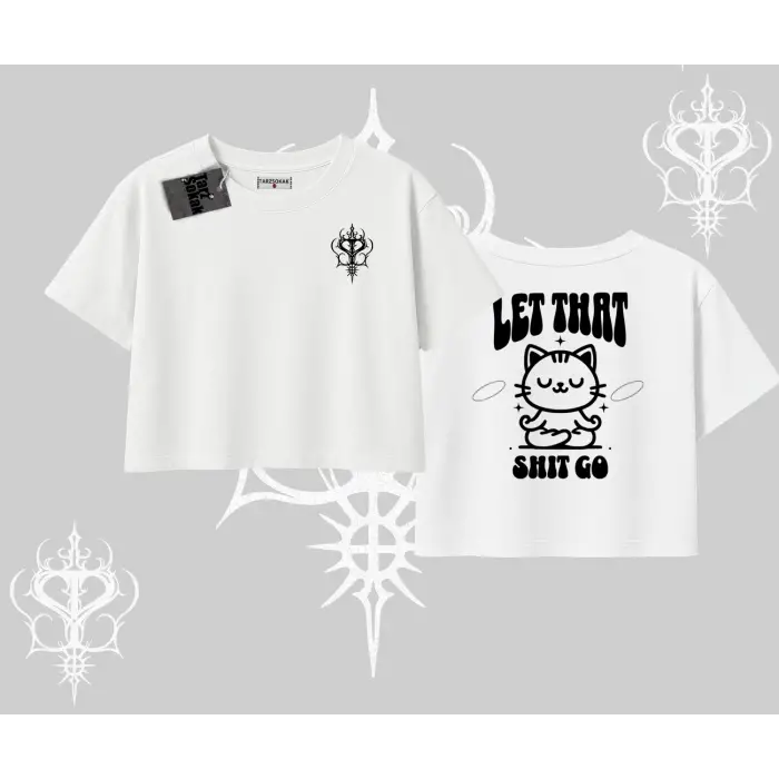 Meditasyon Yapan Kedi Baskılı Oversize Crop Tshirt