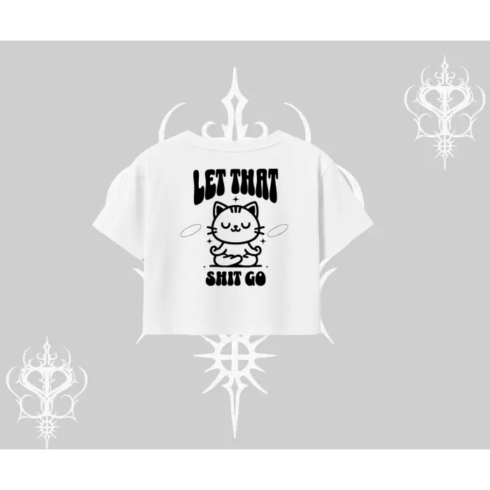 Meditasyon Yapan Kedi Baskılı Oversize Crop Tshirt