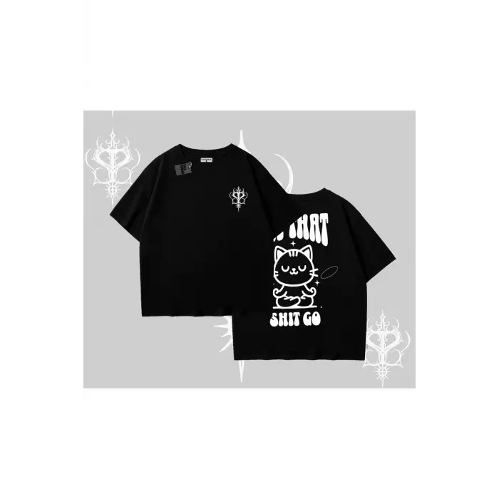 Meditasyon Yapan Kedi Baskılı Oversize Tshirt