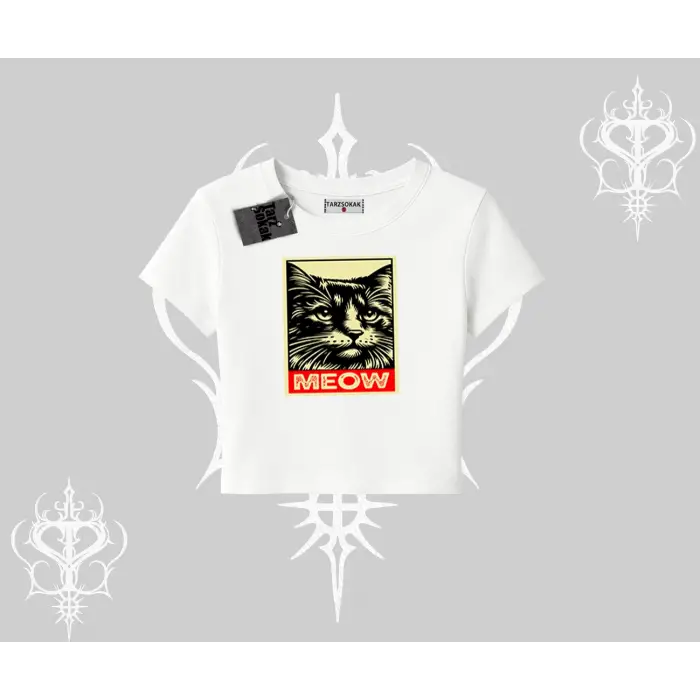 Meow Yazılı Kedi Portre Baskılı Babby Tee Tshirt