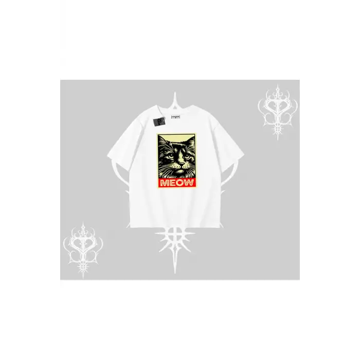 Meow Yazılı Kedi Portre Baskılı Oversize Tshirt