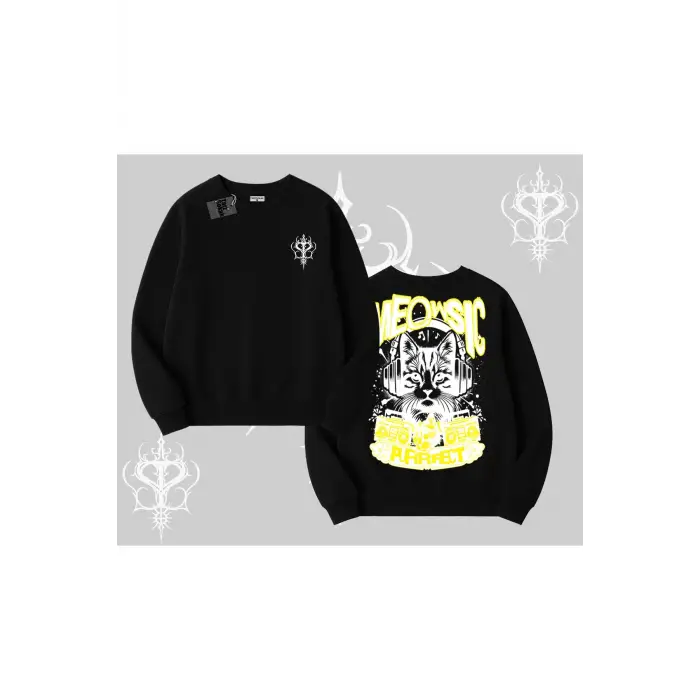 Meowsic Purrfect Kedi Arka Baskılı Biskilet Sweatshirt