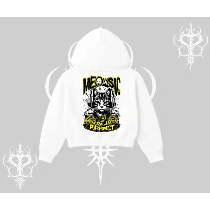 Meowsic Purrfect Kedi Arka Baskılı Kapşonlu Crop Sweatshirt