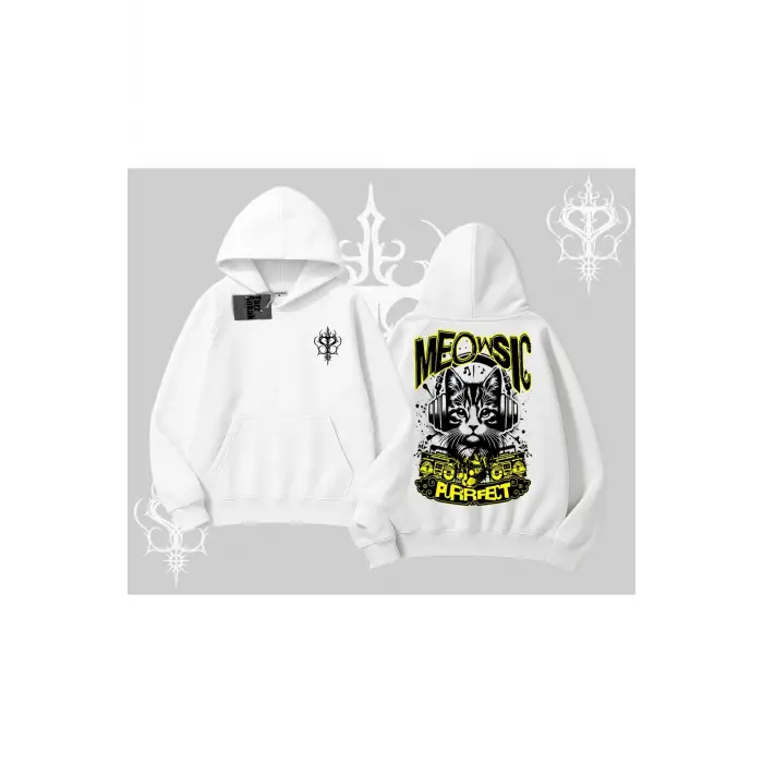 Meowsic Purrfect Kedi Arka Baskılı Kapşonlu Sweatshirt