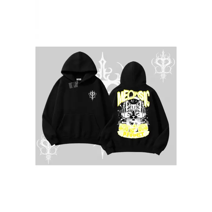 Meowsic Purrfect Kedi Arka Baskılı Kapşonlu Sweatshirt