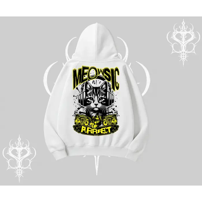 Meowsic Purrfect Kedi Arka Baskılı Kapşonlu Sweatshirt