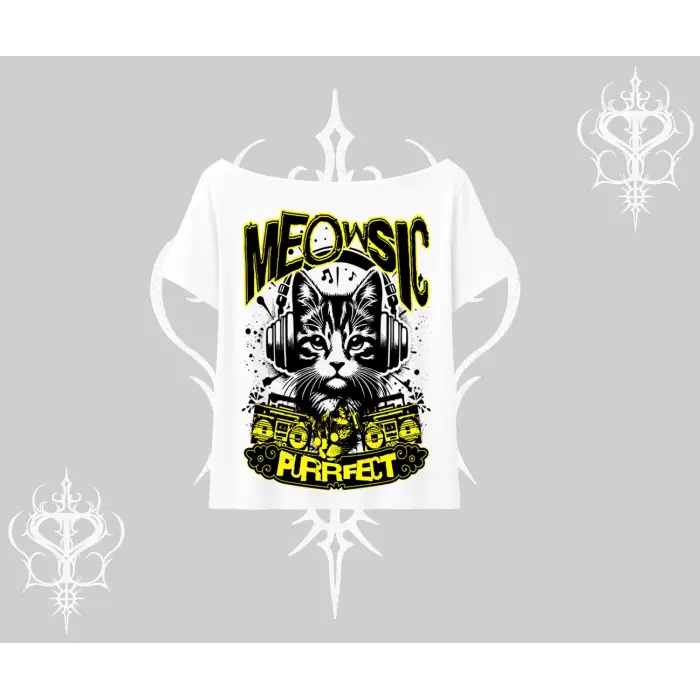 Meowsic Purrfect Kedi Arka Baskılı Kayık Yaka Tshirt