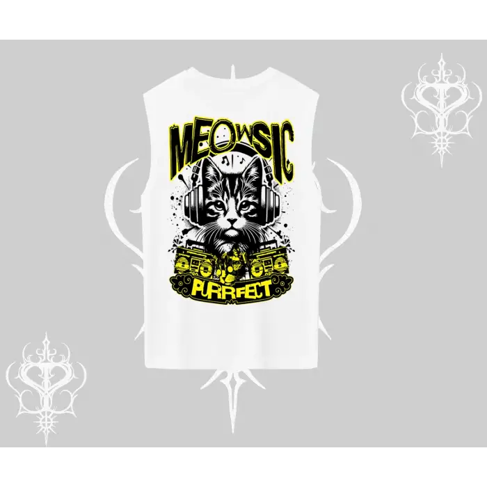 Meowsic Purrfect Kedi Arka Baskılı Kolsuz Tshirt