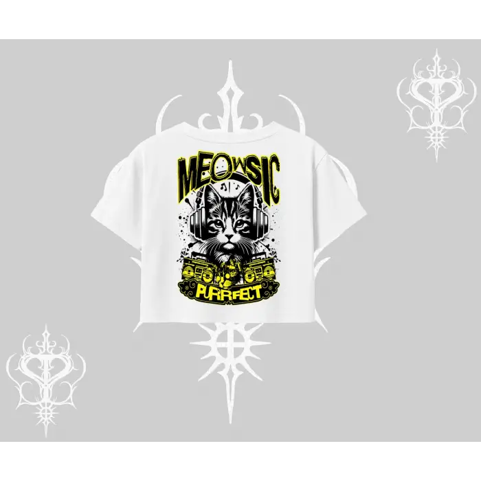 Meowsic Purrfect Kedi Arka Baskılı Oversize Crop Tshirt