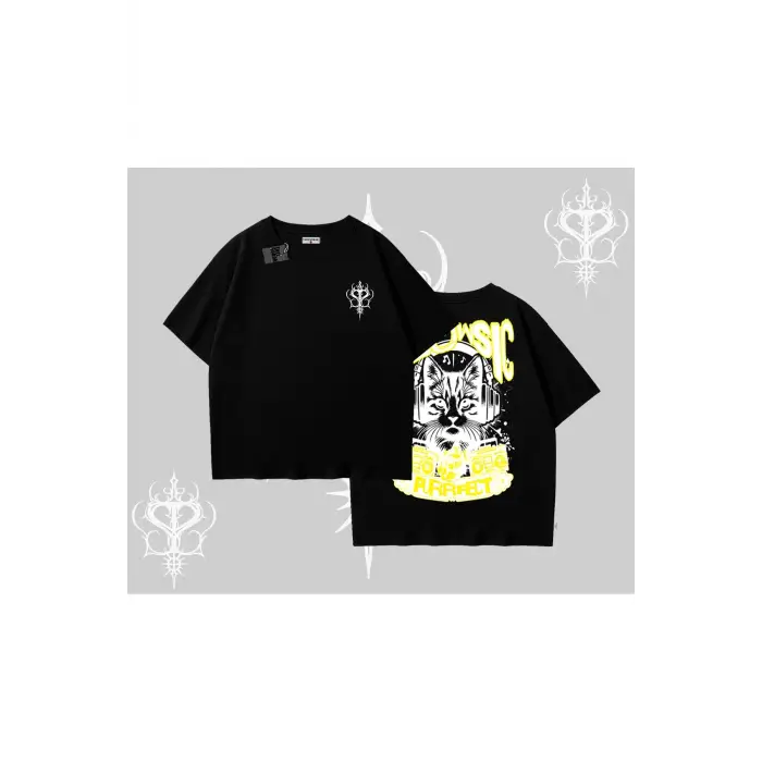 Meowsic Purrfect Kedi Arka Baskılı Oversize Tshirt