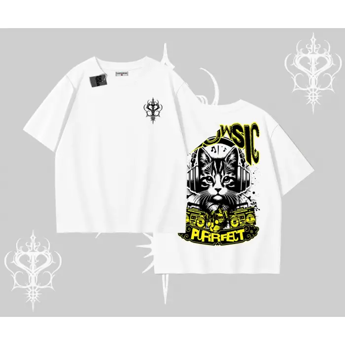 Meowsic Purrfect Kedi Arka Baskılı Oversize Tshirt