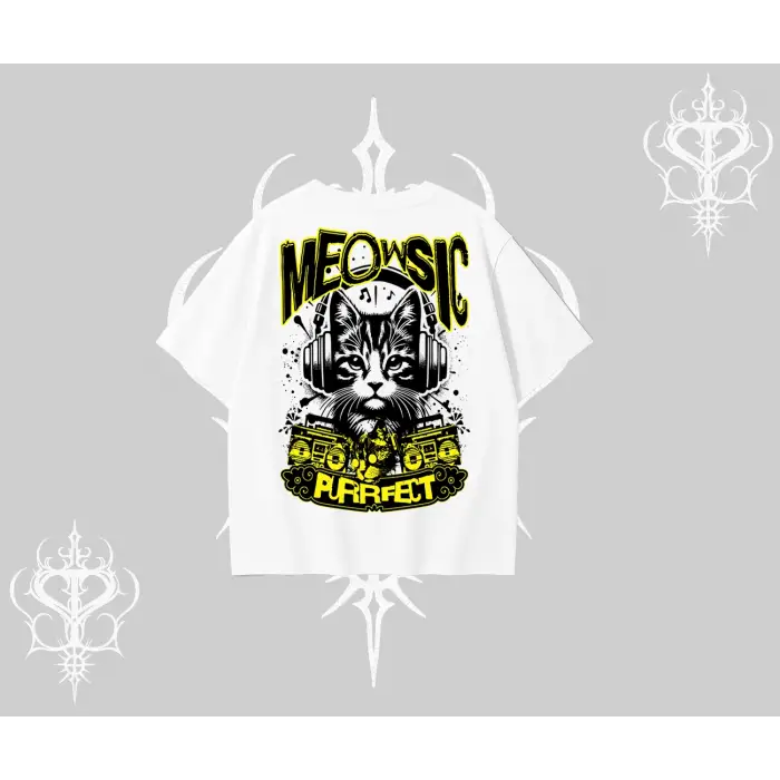 Meowsic Purrfect Kedi Arka Baskılı Oversize Tshirt