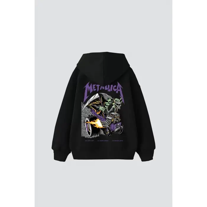 Metallica Mor Sırt Baskılı Siyah Oversize Kapüşonlu