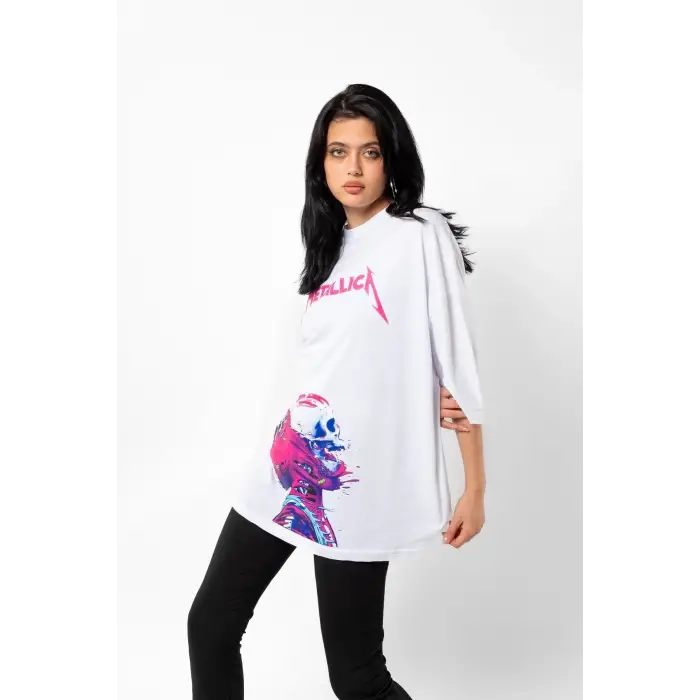 Metallica Neon Pembe Baskılı Beyaz Unisex Oversize