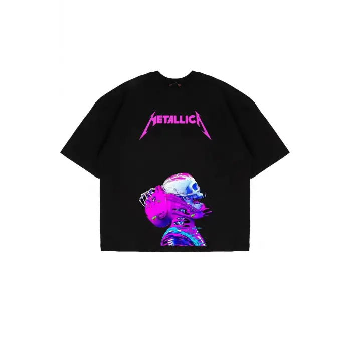 Metallica Neon Pembe Baskılı Siyah Unisex Oversize