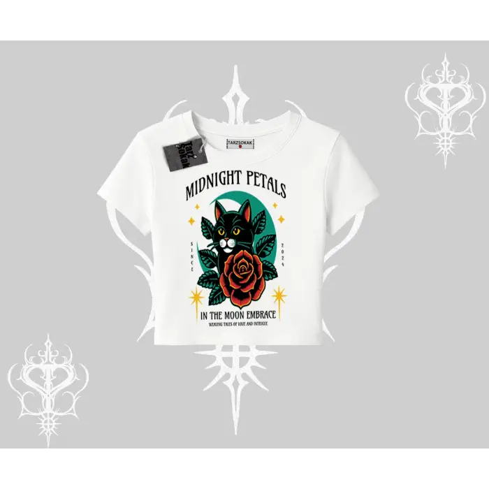 Midnight Petals Kedi Baskılı Babby Tee Tshirt