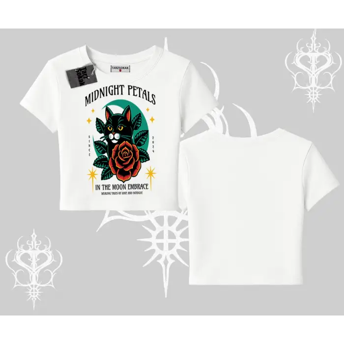 Midnight Petals Kedi Baskılı Babby Tee Tshirt