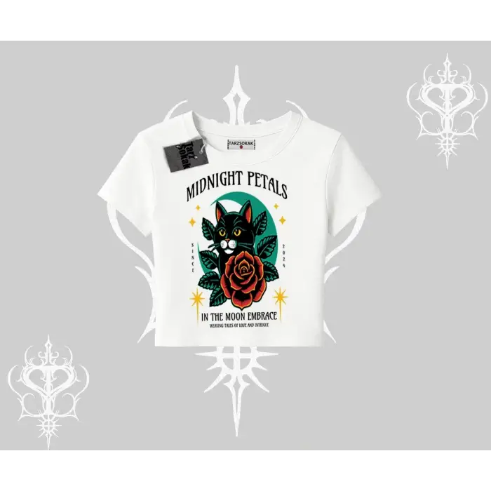 Midnight Petals Kedi Baskılı Babby Tee Tshirt - Çocuk